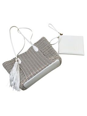 Sondra Roberts Black, tan, White Woven Tote with Tassel vegan leather pouch